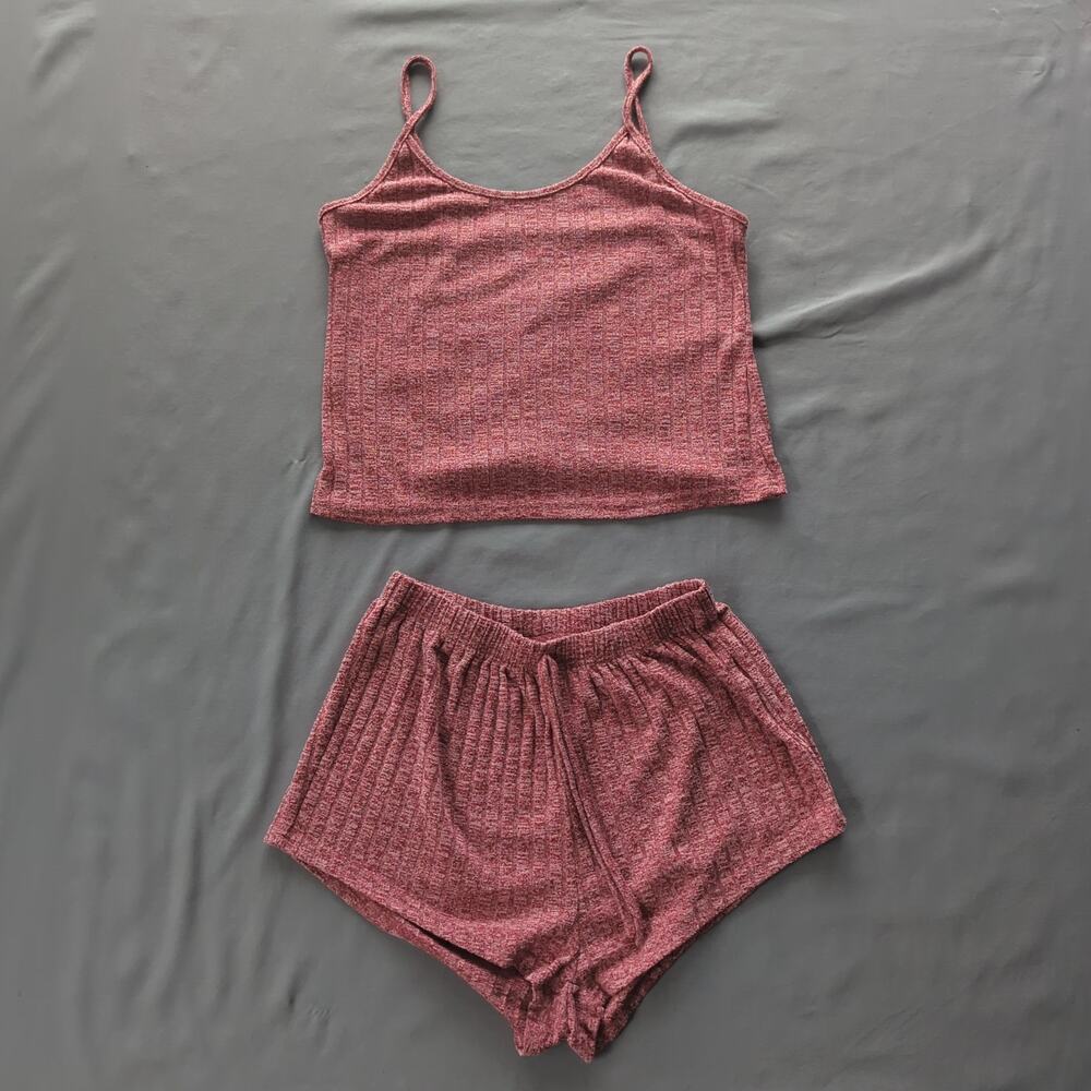 Women's Ribbed Lounge Set Matching Cami & Shorts Pink Mauve Cozy Sleepwear